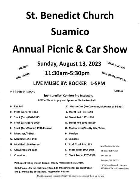 St. Benedict Church Suamico annual picnic and car show Sunday, August 13th, 2023